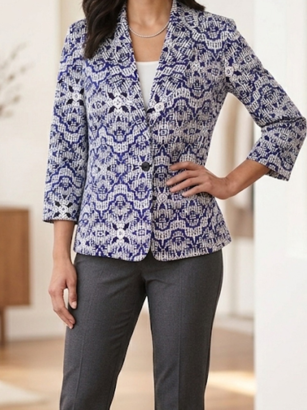 Cynthia Rowley Blue Patterned Single-Button Blazer